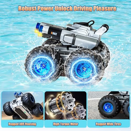 Remote Control Car, Amphibious Monster Truck Toys, RC Boat with Water Gun, Gesture Sensing RC Stunt Car for 120 Mins Play, Remote Control Boat for Kids 6 7 8 9 10 11 12+ Year Birthday