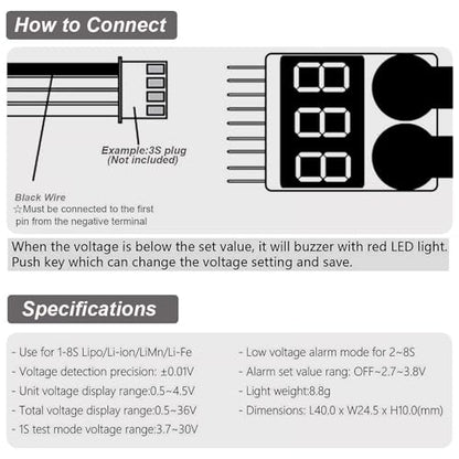 6pcs RC 1-8S Battery Tester Monitor LiPo Battery Checker Low Voltage Buzzer Alarm with LED Indicator