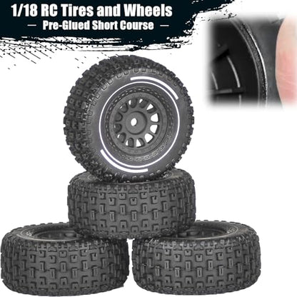 Pre-Glued 1/14 RC Truck Tires & Wheels (4PCS) - 12mm Hex All-Terrain Tires 2.56" OD - for Traxxas, ARRMA Mojave GROM,MJX Hyper Go 14301 14302 14303,Tamiya Kyosho HPI 1/14-1/18 Scale On/Off Road - color: Black