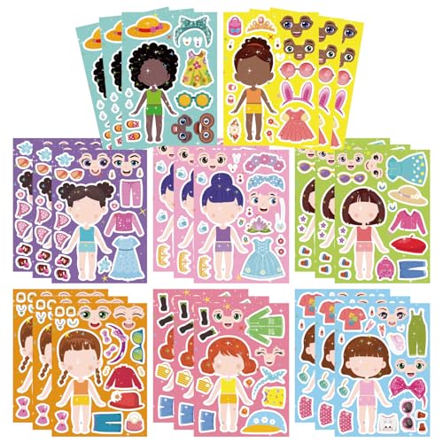 24 Sheets Make a face and Dress Up Stickers for Girls, Make Your Own Stickers for Kids Toddlers, Party Favor, Age 3+ Birthday Gift, Art Craft, Classroom Teacher Reward - style: Make a Face and Dress Up