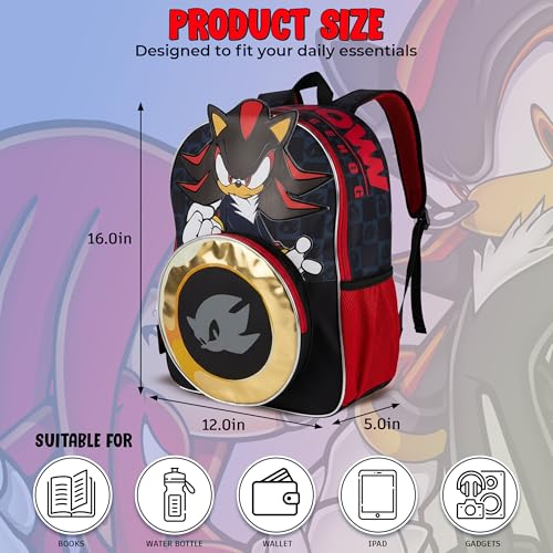 AI ACCESSORY INNOVATIONS Sonic The Hedgehog Backpack for Boys & Girls, Shadow 16 Inch Schoolbag with Die-cut Metallic Gold Ring Pocket, Black - color: Shadow Rings