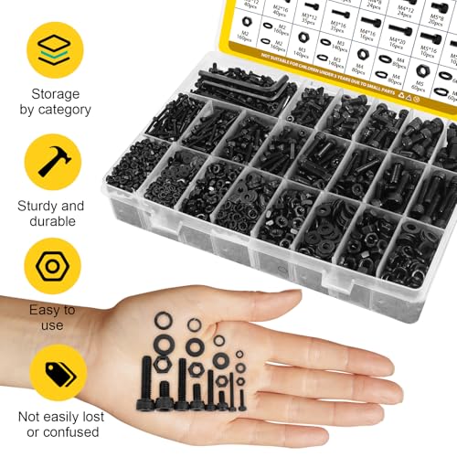 1760PCS Metric Screw Assortment Kit,M2 M3 M4 M5 Screws Set, Hex Socket Head Cap Bolts Nuts and Washers Kit for 3D Printing DIY, Grade 12.9 Alloy Steel, Black Zinc Plated - size: M2M3M4M5 1760pcs