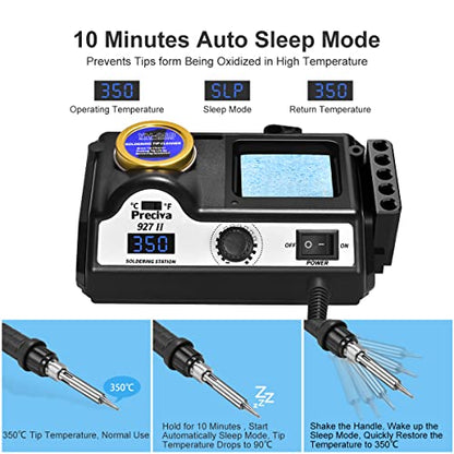 Preciva 927II Soldering Station, 120W MAX Soldering Iron Set with 5 Extra Iron Tips, Adjustable Temperature 194°F to 896°F, Auto Standby,°C/°F Conversion,Tip Cleaner - size: 927II