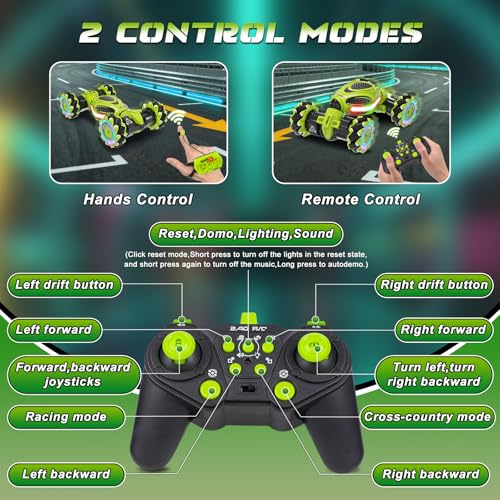 Hand Controlled RC Car, 2.4Ghz 4WD Gesture Sensing RC Stunt Car | Toys Gift for Boys and Girls Ages 6-12, 360° Rotating Drift Cars with Lights and Music, Ideal Birthday and Xmas Gift, Green - color: Green