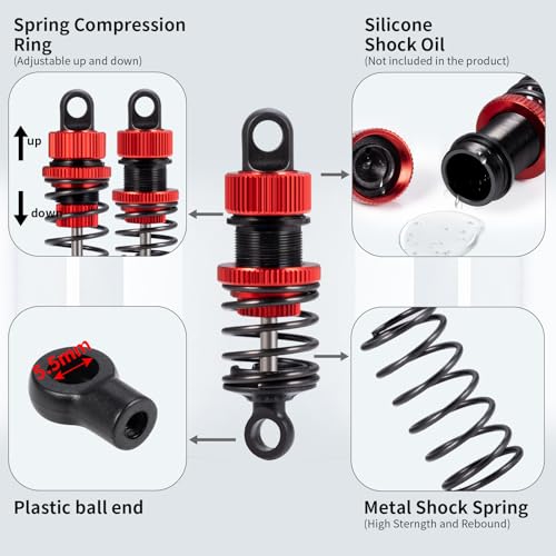 Aluminum RC Front & Rear Oil Filled Shock Absorber 50mm/52mm Adjustable Damper Set Compatible with Tamiya M03 M04 M05 M06 1:10 On Road Car Upgrades Replace Parts (Red, 52mm) - color: Red, size: 52mm