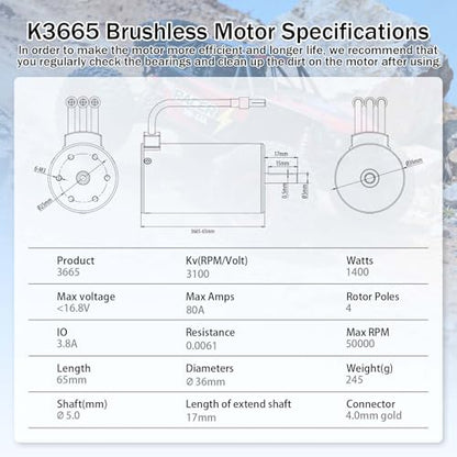 SurpassHobby 3665 3100KV Brushless Motor Ip67 Waterproof 4-Pole Design Motor for 1/8 1/10 RC Electric Racing Car Buggy - size: 3100kv