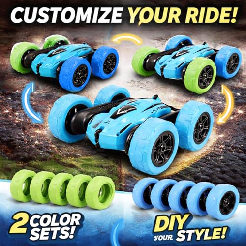 Remote Control Car for Kids, 360° Rotating Stunt Car, Double-Sided Driving, 2.4GHz RC Car with LED Headlights, Rechargeable All Terrain Toy, Extra 4 Green Wheels, Gift for Boys Girls Ages 4-8 6-12 - color: Blue+extra 4 Green Wheels