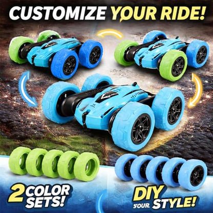 Remote Control Car for Kids, 360° Rotating Stunt Car, Double-Sided Driving, 2.4GHz RC Car with LED Headlights, Rechargeable All Terrain Toy, Extra 4 Green Wheels, Gift for Boys Girls Ages 4-8 6-12 - color: Blue+extra 4 Green Wheels