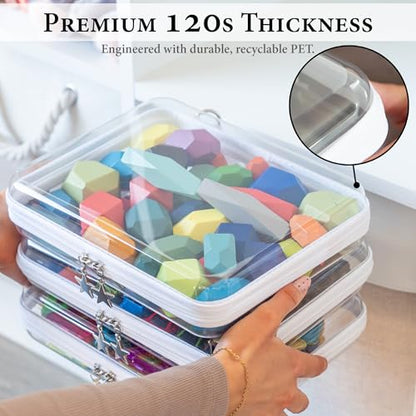 Clear Hard Shell Zipper Case Set (3 Medium), 120s Thick PET Plastic Storage Bags, Dual Zipper Travel Organizer with Star Charms, Removable Strap, Removable Labels & 2 Markers - size: 3 Medium