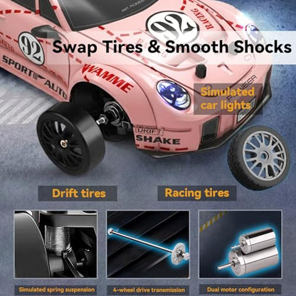 1:24 4WD RC Drift Car Dual Batteries - Pink | 2.4GHz, LED, 2 tire sets, 2 speeds, 25-30min per battery, USB charge, cones+tool, PC shell, great for indoor play & gift - color: Pink