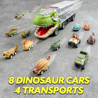 JOYIN 13 in 1 Dinosaur Toys for Kids 3-5, Transport Dinosaur Carrier Truck with 12 Pull Back Cars, Toddler Toys 3-4， Birthday Gifts for 3 4 5+ Year Old Boys - style: Tyrannosaurus Truck