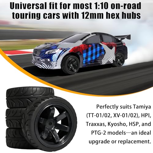 OD 2.55" On Road Rubber Tires Plastic Wheel Rims 12mm Hex for 1/10 RC Car | Compatible with MJX HSP Tamiya HPI Kyosho Traxxas Sakura Redcat WLtoys 1/10 RC On-Road Racing Touring Car (4pcs, Black) - style: B-Black