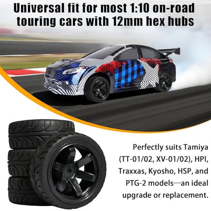 OD 2.55" On Road Rubber Tires Plastic Wheel Rims 12mm Hex for 1/10 RC Car | Compatible with MJX HSP Tamiya HPI Kyosho Traxxas Sakura Redcat WLtoys 1/10 RC On-Road Racing Touring Car (4pcs, Black) - style: B-Black