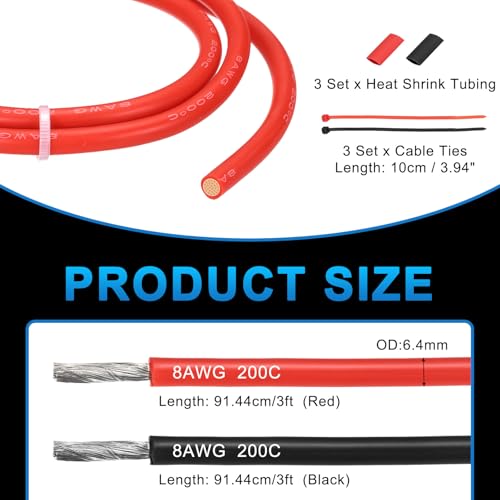 MECCANIXITY 8 Gauge Silicone Electrical Wire Cables, 8 AWG 3ft Black and 3ft Red Electrical Wires High Temp 600V 200C Flexible Stranded Tinned Copper Wires Automotive Cable with Accessories - size: 8 Gauge 1m/3ft