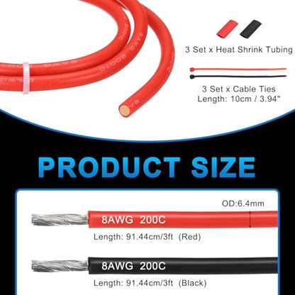 MECCANIXITY 8 Gauge Silicone Electrical Wire Cables, 8 AWG 3ft Black and 3ft Red Electrical Wires High Temp 600V 200C Flexible Stranded Tinned Copper Wires Automotive Cable with Accessories - size: 8 Gauge 1m/3ft