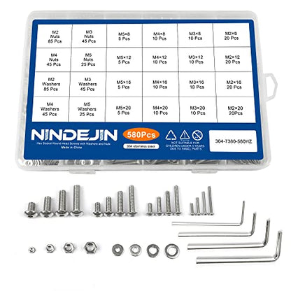 NINDEJIN Black & Silver Hex Socket Head Screws Bolts Nuts and Flat Washer Assortment Kit(Hex Socket Flat/Button/Cap Head) (580Pcs Hex Cap Head Socket Screws Nuts) | 304 Stainless Steel, Good Handling and High Toughness, Bolts, Nuts, for Home, Office Equip