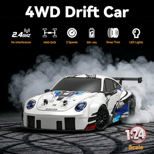 1:24 4WD RC Drift Car Dual Batteries - Blue White | 2.4GHz, LED, 2 tire sets, 2 speeds, 25-30min per battery, USB charge, cones+tool, PC shell, great for indoor play & gift - color: Silver Blue
