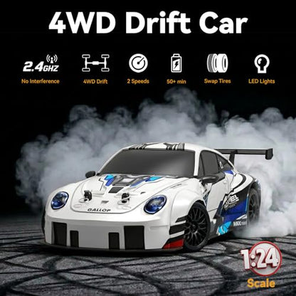 1:24 4WD RC Drift Car Dual Batteries - Blue White | 2.4GHz, LED, 2 tire sets, 2 speeds, 25-30min per battery, USB charge, cones+tool, PC shell, great for indoor play & gift - color: Silver Blue