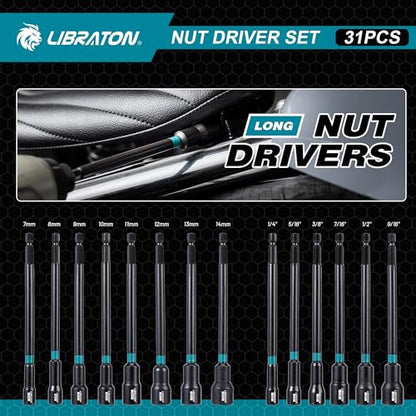 LIBRATON 31PCS Magnetic Nut Driver Set, 1/4" Impact Drill Driver Bit Set | Long Nut Drivers 6INCH, Metric & SAE Nut Drivers for Impact Drill, Socket Set, Impact to Hex Converter, PH1, PH2, Storage Box - style: 31PCS