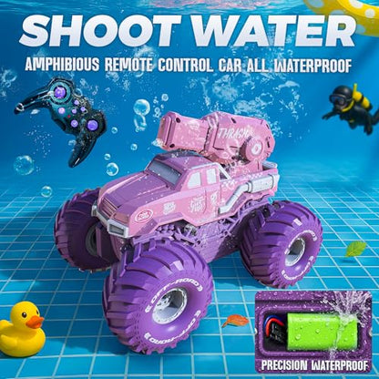 BEZGAR Amphibious Remote Control Car - Pink Monster Truck for Girls | 1:16 Scale RC Boats 2.4GHz Waterproof with Shooting Water Pistol, 4WD All-terrian Off-Road Pickup Outdoor, Girls Kids Gifts - color: Pink