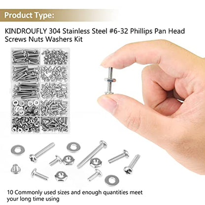 242 Pieces #6-32x 3/16", 1/4", 5/16", 3/8", 1/2", 5/8", 3/4", 1", Phillips Pan Head Machine Screws Nuts Washers Assortment Kit, 304 Stainless Steel, Fully Machine Thread - size: #6-32