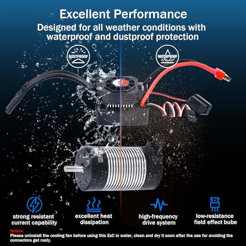 Waterproof K3660 2600KV Brushless Motor 3.175mm Shaft with 60A Sensorless Brushless ESC Electric Speed Controller Combo Set and Heatsink for 1/10 Remote Control Car Truck, Black