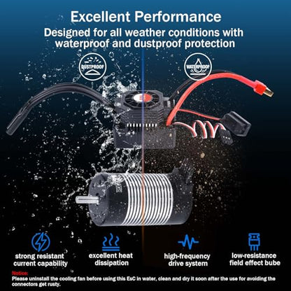 Waterproof K3660 2600KV Brushless Motor 3.175mm Shaft with 60A Sensorless Brushless ESC Electric Speed Controller Combo Set and Heatsink for 1/10 Remote Control Car Truck, Black