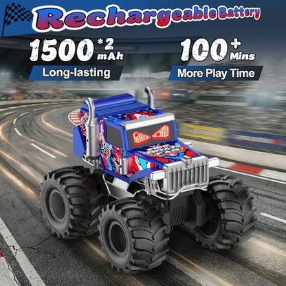Amphibious Remote Control Car, 1:18 Boys Monster Truck Toys with LED Eyes | 4WD All Terrain Waterproof RC Cars, 2 x 1500mAh Batteries, 2.4 GHz RC Toys for Kids, 6+ Year Old Boys Christmas Birthday Gift - color: Blue/Red