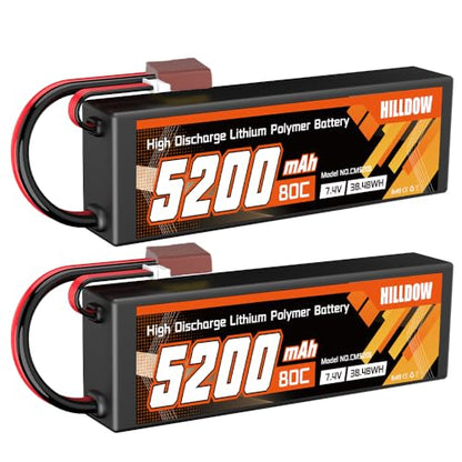 Hilldow 2S Lipo Battery 5200mAh 7.4V 80C RC Battery with T Plug for RC Car Truck Vehicles Truggy Buggy Boat Airplane Models(2packs)