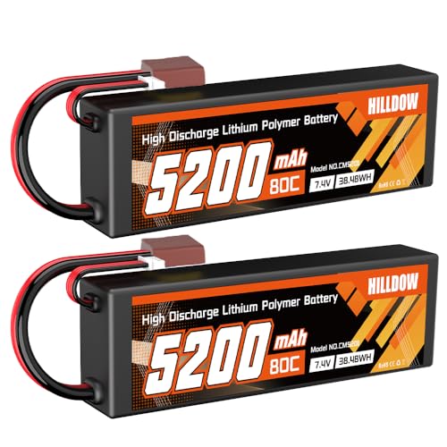 Hilldow 2S Lipo Battery 5200mAh 7.4V 80C RC Battery with T Plug for RC Car Truck Vehicles Truggy Buggy Boat Airplane Models(2packs)