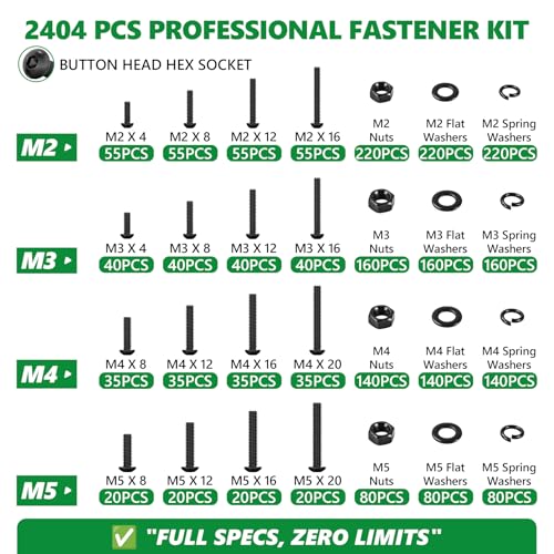2404PCS Screw Assortment Kit, M2-M5 10.9 Alloy Steel Hex Button Cap Bolts | With Nuts & Flat Washers & Lock Washers & Wrench, Black Zinc Plated High-Tensile, Length 4-20mm, for 3D Printing, DIY, Home - size: M2 M3 M4 M5 2404pcs 2