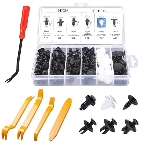 100PCS Car Bumper Retainer Clips with Fastener Remover (5Tools) | Automotive Body Trim Fixed Clip, Auto Door Panel Push Pin, Universal Vehicle Plastic Rivets Kit with 5 Removers & Storage Box - size: 5Pcs Tools