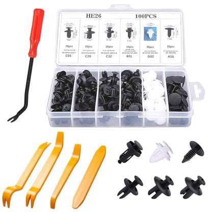 100PCS Car Bumper Retainer Clips with Fastener Remover (5Tools) | Automotive Body Trim Fixed Clip, Auto Door Panel Push Pin, Universal Vehicle Plastic Rivets Kit with 5 Removers & Storage Box - size: 5Pcs Tools