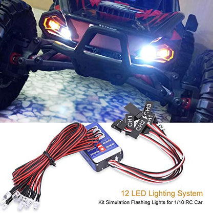 RC Car LED Lighting Kit, Realistic Flashing Effects 12 LED System for 1/10 1/8 Scale Models RC Enthusiasts Racing Crawling Drifting Off-Road Night Driving