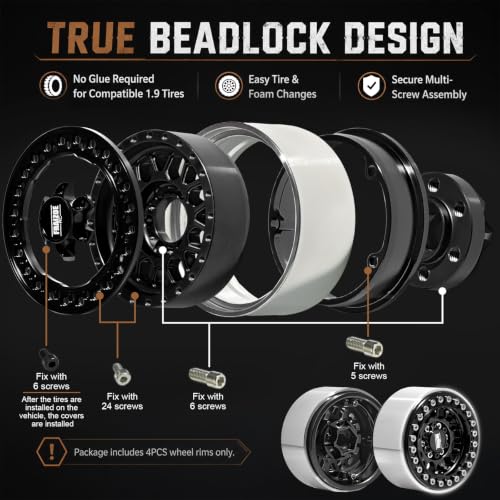 4PCS 1.9" RC Beadlock Wheels with12mm Hex & -6mm Offset Aluminum 30mm Wide Rims for 1/10 RC Crawler, Compatible with TRX4 TRX6 SCX10 SCX10 II III Gen8 RC4WD D90 90046 AXI03007 - color: Black-Black