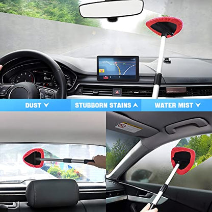 Windshield Cleaning Tool, Car Window Cleaner with Extendable Long Handle and 4 Washable Reusable Microfiber Pads, Auto Interior Exterior Glass Wiper Cleaning Kit Universal for Office and Home (Red) - color: Red