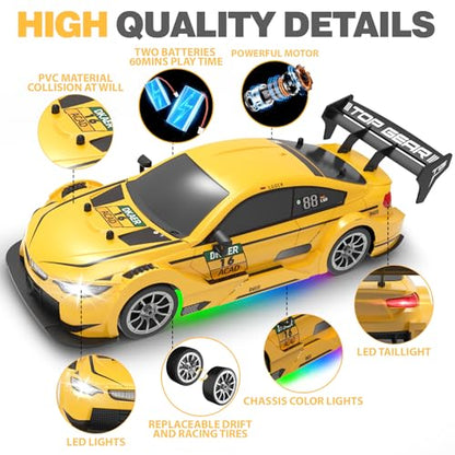 RC Drift Car 1:16, 2.4GHz 4WD Remote Control Car, 30+KM/H High Speed Drifting RC Cars with LED Lights Two Batteries and Drift Tires Racing Cars for Adults Boys Kids, Yellow - color: Yellow