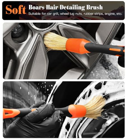 YeewayVeh 7PCS Motorcycle Cleaning Kit, 2-Size Bendable Wheel Brush, Orange | Tire & Chain Brush, Boars Hair Detailing, Wash Mitt, Microfiber Towel for Dirt Bike & Car Wheels