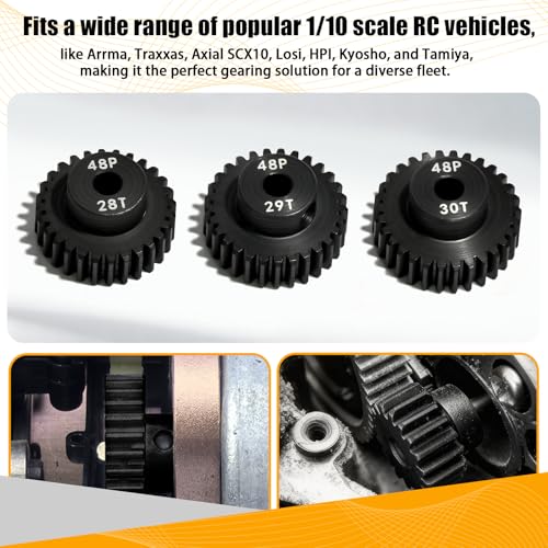 3PCS 48P Pinion Gear Set Hardened Steel 3.175mm Shaft 28T 29T 30T with Screws & Hex for 1/10 RC Arrma Traxxas HPI Kyosho Losi Axial SCX10 Tamiya Monster Truck Buggy Motor Upgrade Parts - size: 28 29 30T