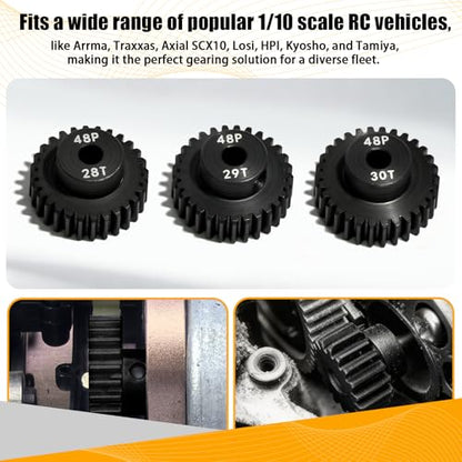 3PCS 48P Pinion Gear Set Hardened Steel 3.175mm Shaft 28T 29T 30T with Screws & Hex for 1/10 RC Arrma Traxxas HPI Kyosho Losi Axial SCX10 Tamiya Monster Truck Buggy Motor Upgrade Parts - size: 28 29 30T