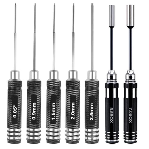 Drone Tool Kit -7Pcs RC Hex Driver Set – Steel 0.05″ Allen Wrench 0.9mm 1.5mm 2.0mm 2.5mm nut Driver 5.5mm 7.0mm Aluminum Handle Steel Hexagon Screwdriver for traxxas RC Car Truck FPV Helicopter