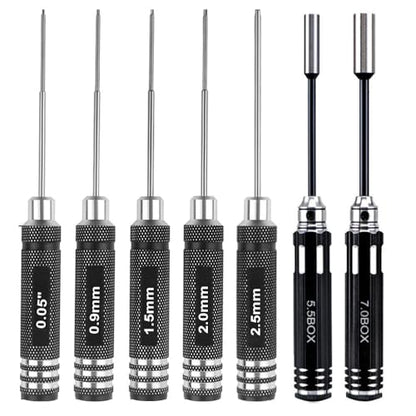 Drone Tool Kit -7Pcs RC Hex Driver Set – Steel 0.05″ Allen Wrench 0.9mm 1.5mm 2.0mm 2.5mm nut Driver 5.5mm 7.0mm Aluminum Handle Steel Hexagon Screwdriver for traxxas RC Car Truck FPV Helicopter