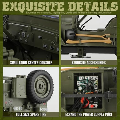 1/10 Scale RC Military SUV, Remote Control 4WD Off-Road Vehicle with Alloy Frame Chassis, with Winch and Capstan, Army Vehicle with Opening Hood and Folding Windshield, 2 Batteries, - color: Rc Car + Winch + Tarpaulin+2 Battery
