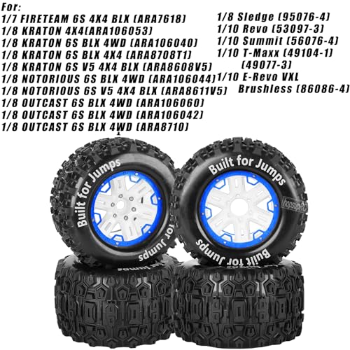 RC Truck Tires 1/8 17mm Hex RC Wheel Tires for 1/8 Monster Truck Tires Traxx as/Arrm a 6S/Summi t/ERveo/Redc at/HPI JLB Cheetah RC Off-Road etc,Hard Plastic Rubber Tyres,Blue&White - color: Blue With White(4PCS）Titanium