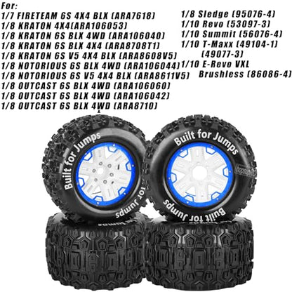RC Truck Tires 1/8 17mm Hex RC Wheel Tires for 1/8 Monster Truck Tires Traxx as/Arrm a 6S/Summi t/ERveo/Redc at/HPI JLB Cheetah RC Off-Road etc,Hard Plastic Rubber Tyres,Blue&White - color: Blue With White(4PCS）Titanium