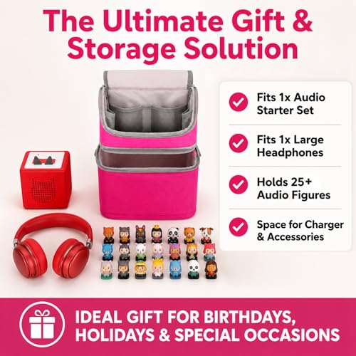 Carrying Case Backpack for Toniebox 1 & 2, 2-Layer, Holds 25+ Figures | Padded 210D lining and 8mm shock absorption fits headphones and charging dock 600D water-resistant polyester easy wipe-clean - color: Rosy/Pink