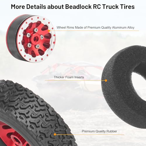 daitoku 1/12 Beadlock RC Wheels and Tires for WPL C14 C24 C34 C44 B14 B24 B16 B36 MN MN78 D90 MN90 MN91 MN96 MN98 MN99 MN99S (Red) - color: Red