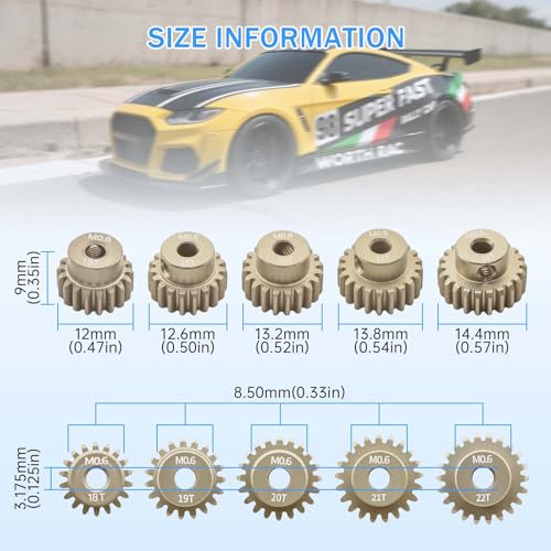 M0.6 Pinion Gear Set 3.175mm 18T 19T 20T 21T 22T Aluminum Alloy Metal Pinion Motor Gear for 1/10 RC Car Motor (5PCS) - size: 18T 19T 20T 21T 22T