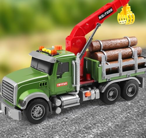 Dwi Dowellin Kids Toys for 3 4 5 6 7 Years Old Boys,15" Large Timber Truck with Loading Crane and 6 Trunks,Birthday Gifts for Boy Toddler Child - style: farm truck