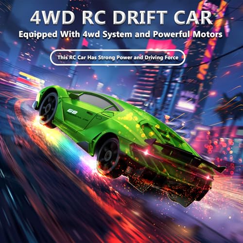 RC Drift Car 1:24 Remote Control Car 4WD 15KM/H High Speed Racing Sport Car with LED Lights RC Cars Toy for Kids Boys Girls Adults Gifts Birthday Christmas - color: Green